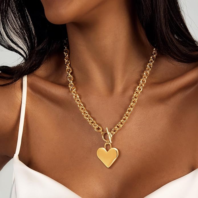 Zeffy 14K Gold/Silver Plated Chunky Thick Chain Toggle Clasp Necklace Dainty Baroque Pearl/Heart/Cross/Turquoise Pendant Necklace