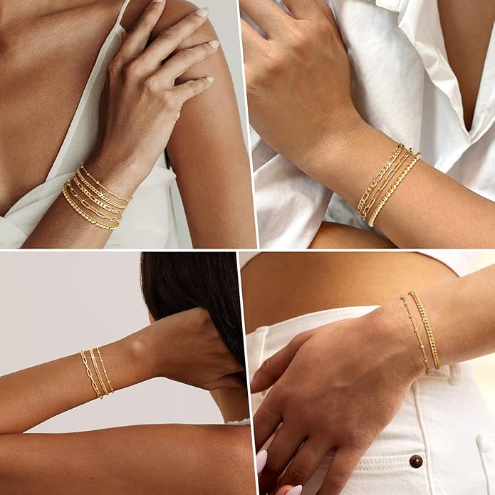 adoyi Valentines Day Gifts for Her Gold Bracelets for Women, 14K Gold Plated Stackable Bracelet Stack Set Adjustable Charm Paperclip Chain Cuban Link Layered Waterproof Jewelry Sets Gifts for Womens