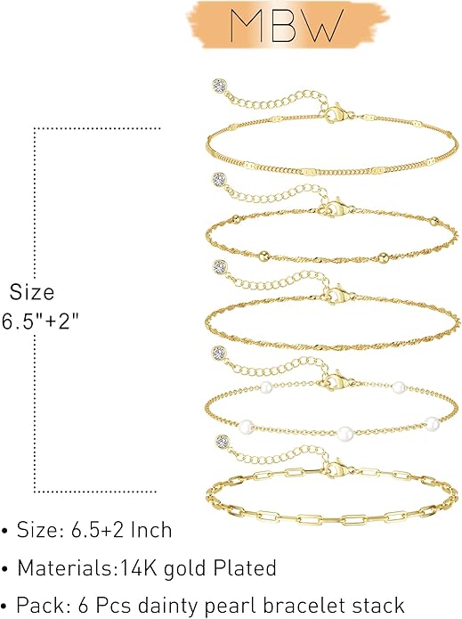MBW Gold Bracelets for Women Trendy, Dainty 14K Gold Plated Bracelet Stack Beaded Chain Bracelet Set Thin Small Cute Paperclip Bracelets Fashion Waterproof Jewelry Gift Gold Accessories for Women