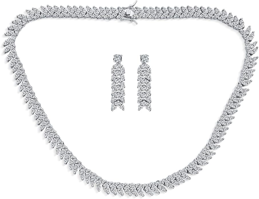Bridal Jewelry Set Art Deco Vintage Estate Style Cubic Zirconia Marquise Leaf Teardrop AAA CZ Statement Cleavage Choker Necklace & Chandelier Dangle Clip On Or Pierced Earrings For Women Pageant