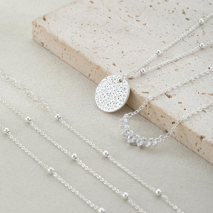 Layered Gold Silver Necklaces for Women, Stackable Stack 14K Real Gold Plated Silver Chain Necklace Diamond Circle CZ Layering Pendant Necklaces Trendy Gold Jewelry Set Gifts