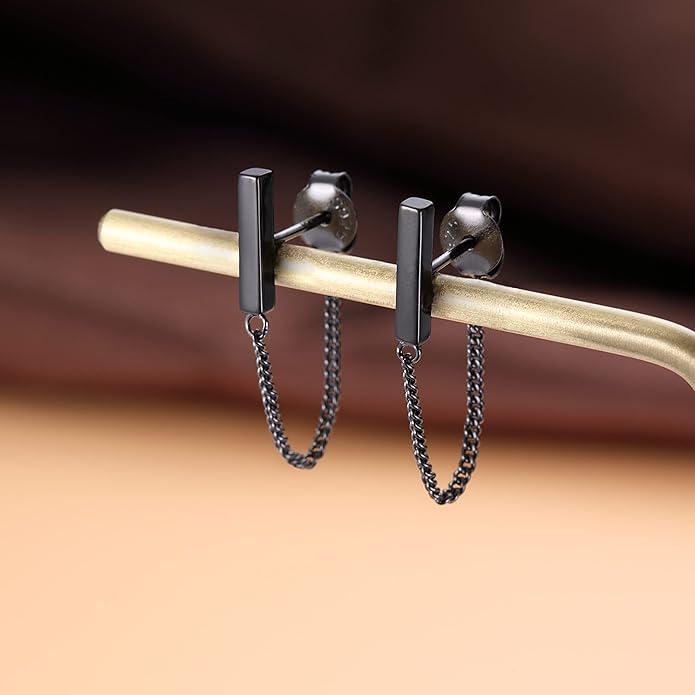 Reffeer Solid 925 Sterling Silver Stud Earrings Minimalist Bar Earrings with Chain Dangle Earrings For Women