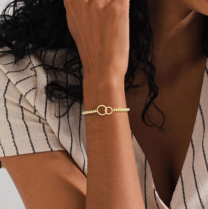 Gold Bracelets for Women 14K Gold Plated Bead Bracelet Hypoallergenic Stretch Bracelets for Women Elastic Bracelet Trendy Teen Gift Dainty Jewelry for Women