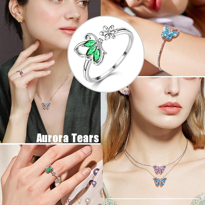 Aurora Tears Butterfly Jewelry,Women 925 Sterling Silver Butterflies Birthstone Pendant Necklace/Earrings/Rings Wedding Gift