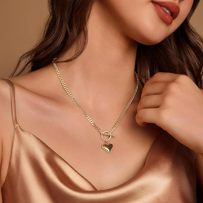 Zeffy 14K Gold/Silver Plated Chunky Thick Chain Toggle Clasp Necklace Dainty Baroque Pearl/Heart/Cross/Turquoise Pendant Necklace