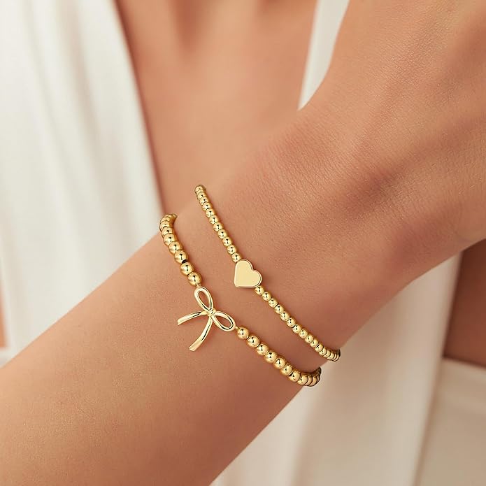 Turandoss Gold Bracelets for Women - Dainty 14K Gold Plated Bow Cross Beaded Bracelets for Women Stackable Heart Bead Bracelet Set Wave CZ Round Ball Bracelet Valentine's Day Gifts for Her
