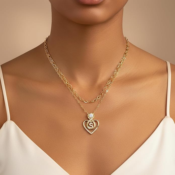 Heart Letter Necklaces for Women 14K Gold Plated Cubic Zirconia Heart Initial Layered Necklace Infinity Pendant Necklace Letter Initial Jewelry for Women