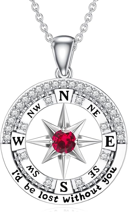 Compass Birthstone Necklace Gift for 2025 Graduation 925 Sterling Silver Compass ‘I'd be Lost Without You’ Pendant Necklaces Jewelry for Women Her Wife Gift for Birthday Anniversary