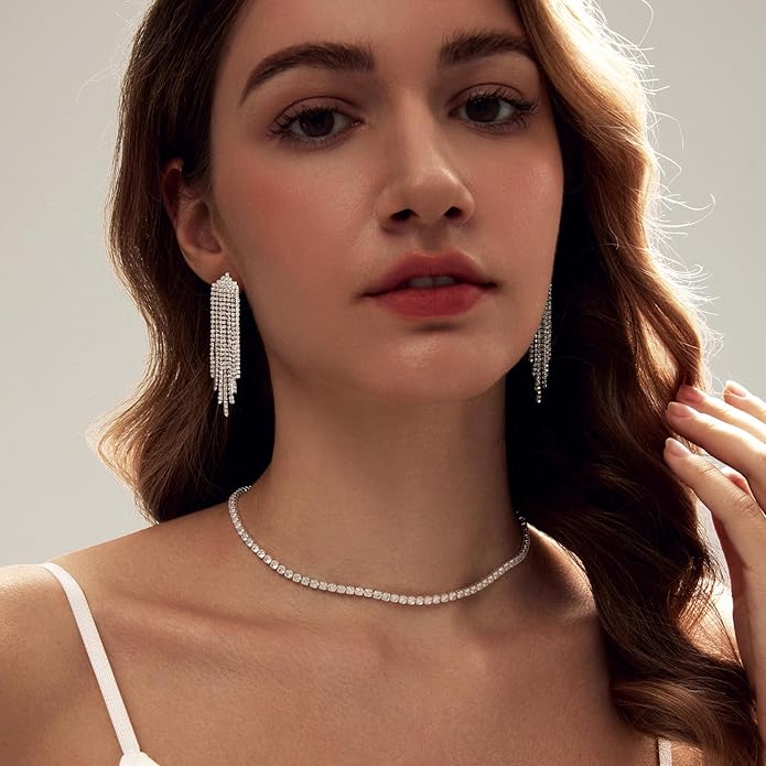 Tennis Necklace Bracelet for Women, Dainty Sterling Sliver Choker Necklace Crystal Link Bracelet Stud Earrings for Women Wedding Jewelry for Bride Jewelry Set Accessories