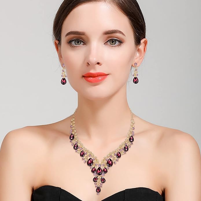 BriLove Women's Wedding Bridal Austrian Crystal Teardrop Flower Cluster Statement Necklace Dangle Earrings Jewelry Set for Party Prom