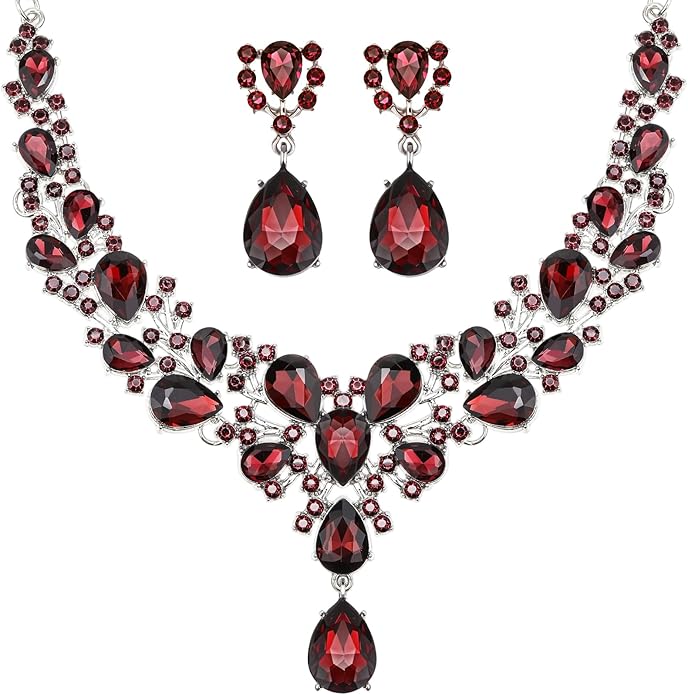 Hicarer Bridal Teardrop Cluster Crystal Jewelry Set for Women Necklace Earrings Wedding