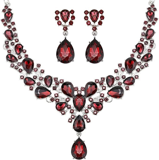 Hicarer Bridal Teardrop Cluster Crystal Jewelry Set for Women Necklace Earrings Wedding