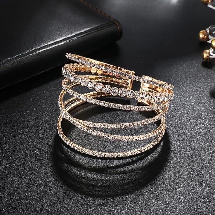Rhinestone Bracelet for Women MultiLayer Crystal Cuff Bracelet Strand Layered Bracelet
