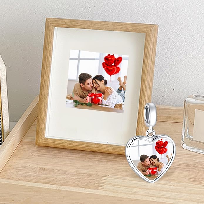 Annmors Personalized Photo Charm for Bracelet Necklaces,925 Sterling Silver Charm Love Heart Shaped Engraved Customize Picture Gift for Birthday Mother's Day Christmas,Bead Charms Jewelry for Women