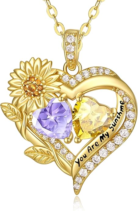 Sunflower Heart Necklace for Women 14K Gold Exquisite Valentines Day Anniversary Birthday Gifts for Wife Mother Her Double Birthstone Pendant Jewelry‘You Are My Sunshine’