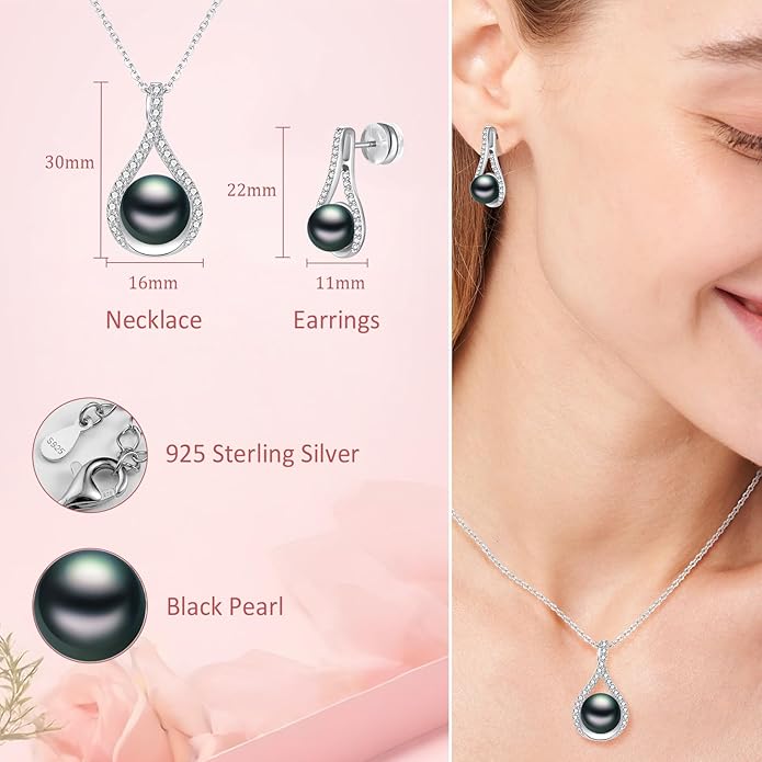 Pearl Necklace and Earring Set for Women- 925 Sterling Silver Adjustable Jewelry Set, White Gold /14K Gold Plated Infinity Black White Pearl Jewelry Set Anniversary Birthday Gifts for Her