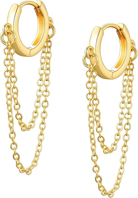 Tassel Chain Small Gold Hoop Dangle Earring For Women Huggie Earring Heart Star CZ 14K Gold Plated Fashion Jewelry Friendship Gift