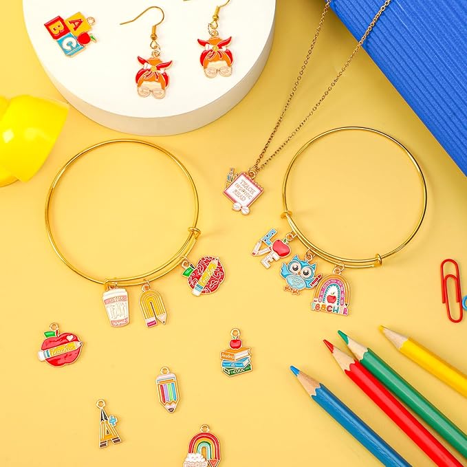 MARFOREVER Teacher Charms, 40Pcs/20 Pairs Student School Charms for Jewelry Making, Assorted Pencil Book Globe Enamel Charm Pendants for Bracelet Necklace Earrings Making Accessories