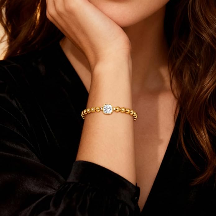 HZDK Gold Bracelets for Women - 14K Gold Plated Beaded Bracelets for Women Gold Jewelry Stackable Charm Bracelet Dainty Stretch Bead Bracelet Christmas Gifts for Her