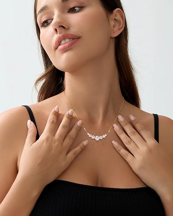 TUHE 7 Stones Moissanite Necklace for Women, 1.7-5.0 Carat Smile Moissanite Pendant Necklace 18k Gold Plated Sterling Silver 16.5+2.5 inch Box Chain Tennis Necklaces with Certificate of Authenticity