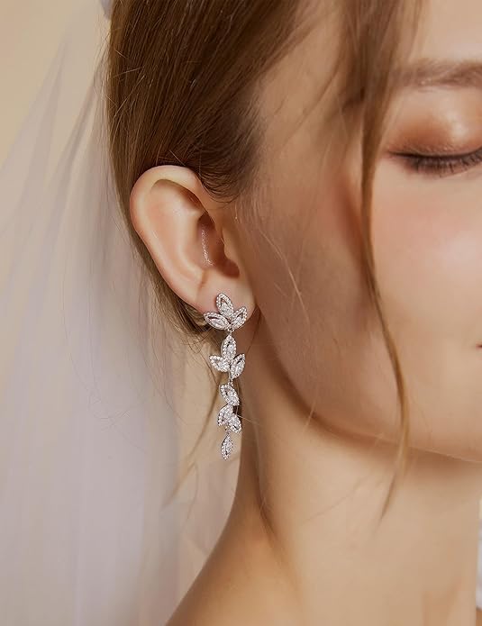 EAMTI Silver Dangle Earrings for Women Cubic Zirconia Marquise Bridal Wedding Earrings 925 Sterling Silver Post Engagement Earring