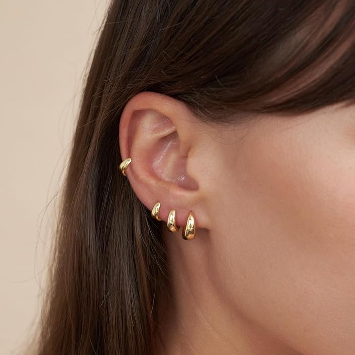 CHESKY 4 Pairs Small Huggie Hoop Earrings for Women - Chunky 14K Gold Plated/Silver Plated Lightweight Earring Stacks Cartilage Hoop Earrings Set for Multiple Piercing Trendy Jewelry