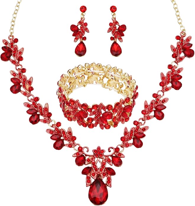 Wedding Leaf Flower Crystal Teardrop Pendant Necklace Dangle Earrings Stretch Bracelet Jewelry Set for Women Bridal Party Prom