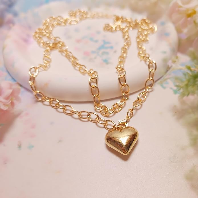 16k Gold Plated Chunky Statement Necklace for Women, Bold Thick Layered Puffy Heart Design, Long Gold Jewelry, Trendy Women's Fashion Necklace