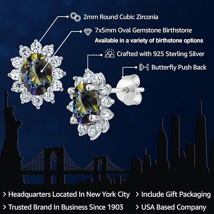 Gem Stone King 7X5MM Oval Gemstone Birthstone Stud Earrings For Women | Princess Diana Royal Halo Style | 925 Sterling Silver | Fine Jewelry Gifts for Anniversary Wedding Her Mom Women Wife