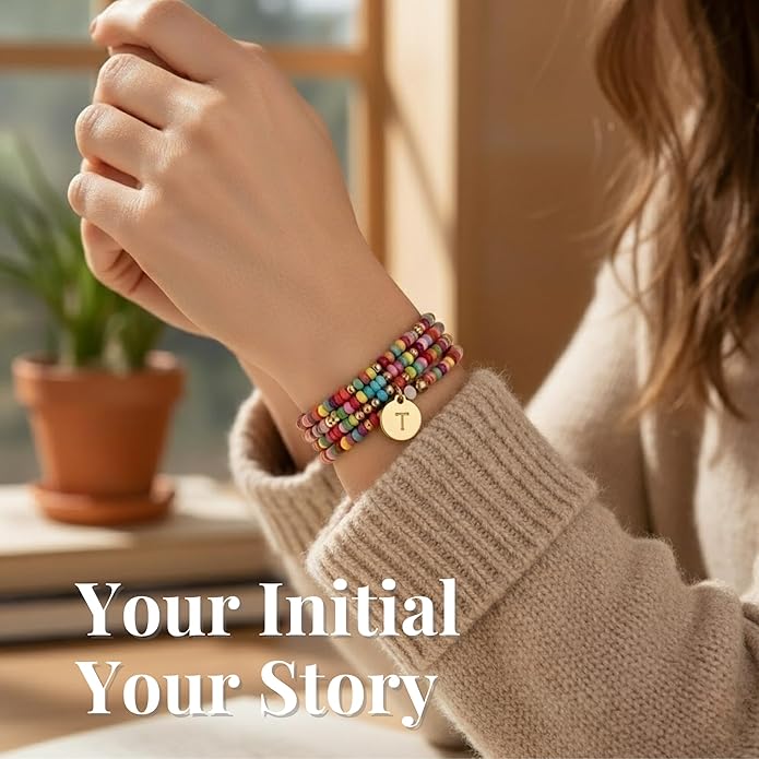 Set of 4 Colorful Bead Initial Bracelets, Personalized Stackable Jewelry, Adjustable Stretchy Charm Bracelets for Women, Beaded Bracelet Set, Trendy Custom Jewelry Gift
