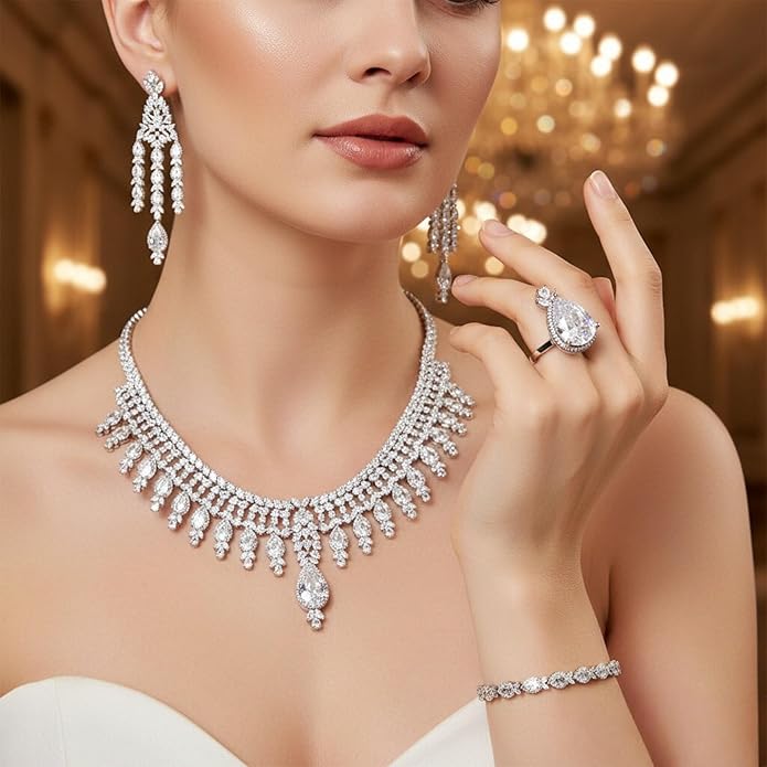 Rhinestone Wedding Bridal Jewelry Set Women's Prom-Style Necklace, Earrings, Bracelet, Ring Bridesmaid Gift Pairs with Evening Gown