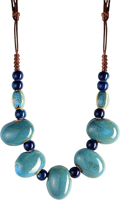 MINACHI Bohemian Hippie Colorful Ceramic Geometric Bead Strand Necklace, Vintage Boho Statement Jewelry Gift for Women