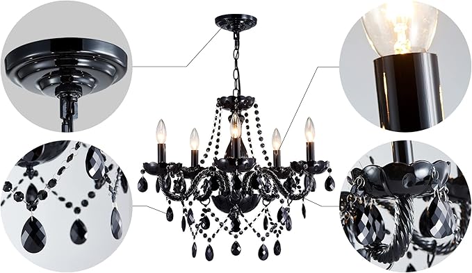 Saint Mossi Modern K9 Crystal Chandelier,Black Chandelier with 5 Lights E12 Base, Modern Pendant Ceiling Lighting Fixture for Dining Room,Bedroom,Living Room, D19 x H19 with Max 59" Adjustable Chain