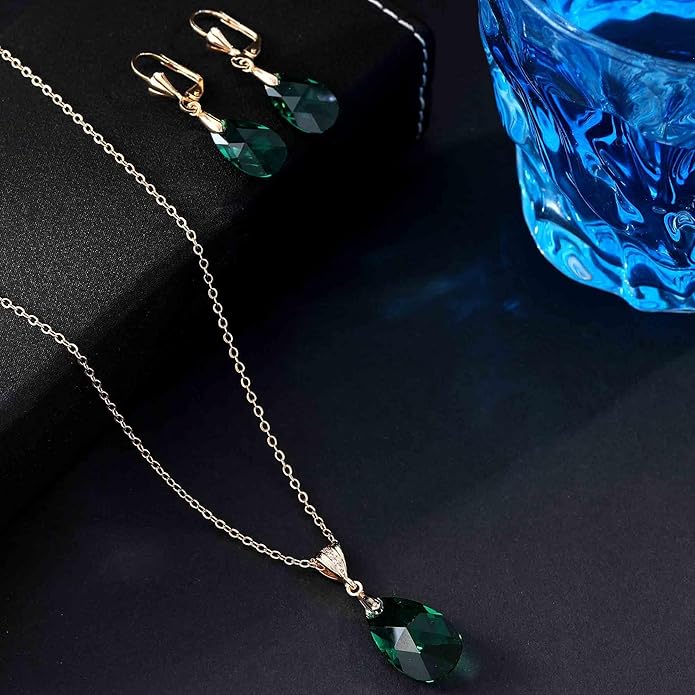 EVEVIC Austrian Crystals Teardrop Pendant Necklace Earrings for Women 14K Gold Plated Hypoallergenic Leverback Drop Dangle Earrings Jewelry Set