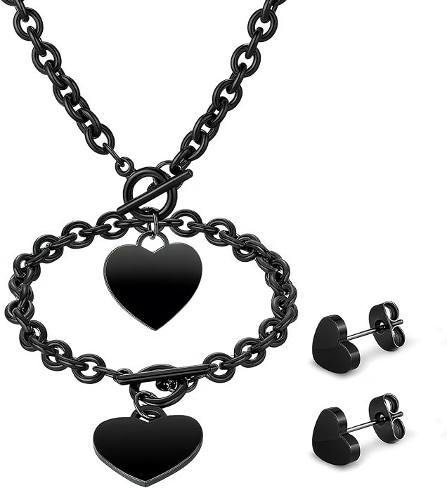 Bucherry 3 Pcs Heart Jewelry Set Bow Snowflake Jewelry Heart Pendant Chain Toggle Necklace with Bracelet Earrings Snowflake Stainless Steel Link Chain for Women Gift