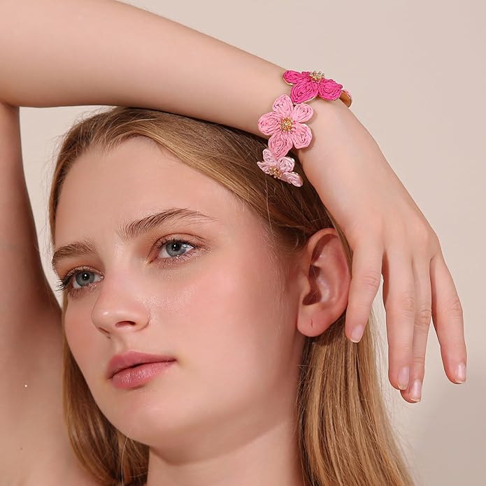 Raffia Flower Cuff Bracelet for Women, Floral Chunky Bangle Wide Open Cuff Statement Bracelet