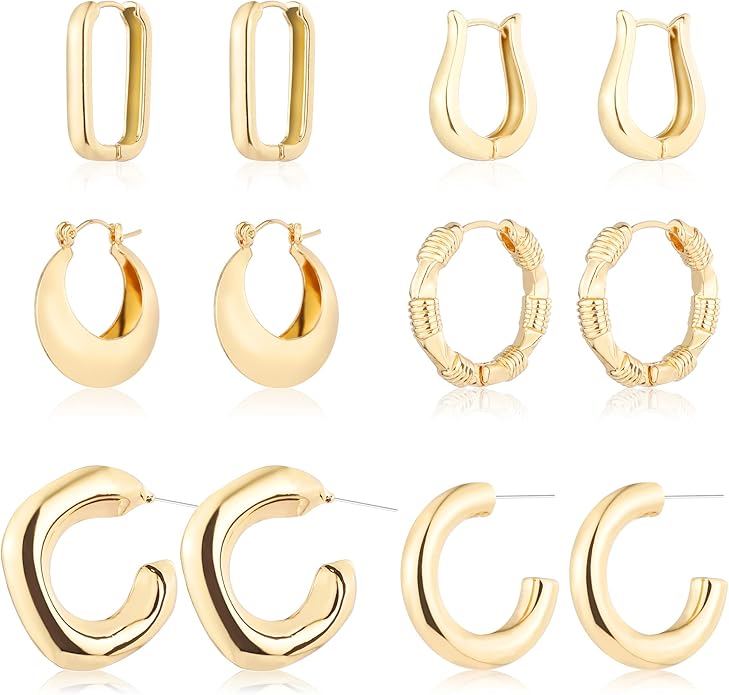 6 Pairs 14K Gold Plated Hoop Earrings for Women Lightweight Chunky Hoop Earrings Multipack Hypoallergenic, Thick Open Twisted Huggie Hoops Earring Set Jewelry for Gifts.