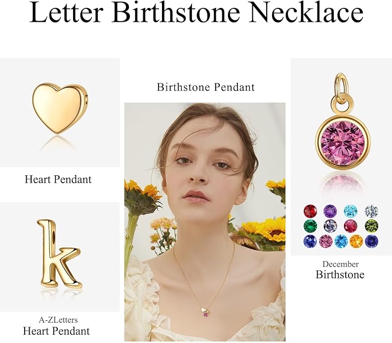 Ursilver Initial Birthstone Necklace for Women - Heart Initial Birthstone Pendant Necklace Personalized Gifts Birthday Gifts for Women