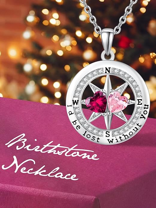 Compass Necklace for Women, Exquisite S925 Valentines Day Anniversary Birthday Gifts for Wife Her Double Birthstone Pendant Jewelry ‘I'd be Lost Without You’
