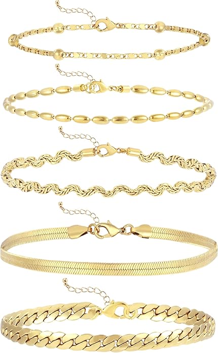 wgoud Dainty Gold Chain Bracelets, 14K Real Gold Plated Link Bracelets for Women, Trendy Stackable Bracelet Set, Waterproof Adjustable