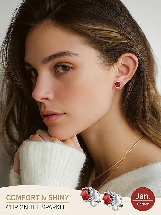 FindChic Sparkling Birthstone Clip On Earrings for Women, Silver Plated Stud Earrings 8MM Cubic Zirconia Non Pierced Studs, 12 Months Birthday Jewelry Gift