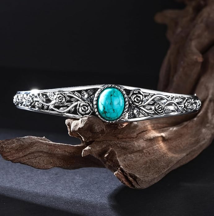 Genuine Turquoise Cuff Bracelet for Women, Sterling Silver Western Vintage Floral Bangle Native American Jewelry, For 6.5-7.5 Inch Wrists