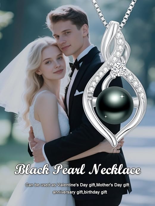 Tahitian Black Pearl 18K White Gold Plated Sterling Silver Heart/Infinity/Four Leaf Clover Pendant Necklace Jewelry Gifts for Women Wife Mom Girlfriend Wedding Birthday Anniversary Christmas