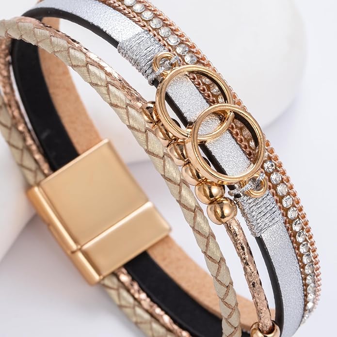 FANCY SHINY Boho Leather Wrap Bracelet Stackable Infinity Chunky Cuff Bracelets Western Hippie Outfits Jewelry Valentine Gifts for Women