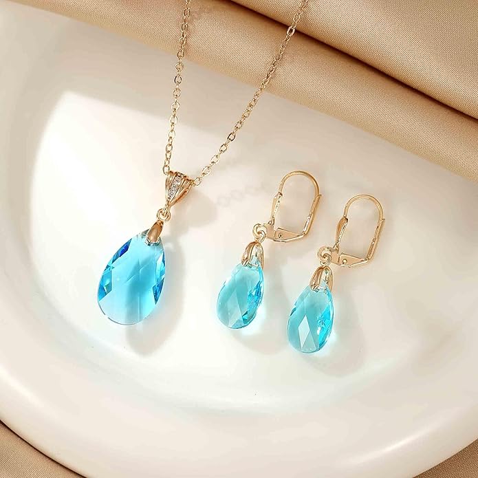 EVEVIC Austrian Crystals Teardrop Pendant Necklace Earrings for Women 14K Gold Plated Hypoallergenic Leverback Drop Dangle Earrings Jewelry Set
