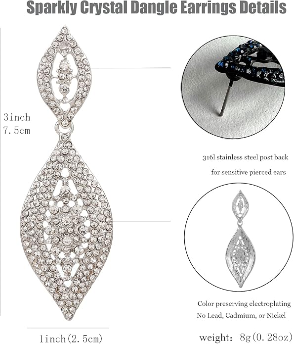 Elegant Rhinestone Dangle Earrings Crystal Wedding Bridal Long Dangling Drop Earrings Chandlier Earrings for Women Bridesmaid