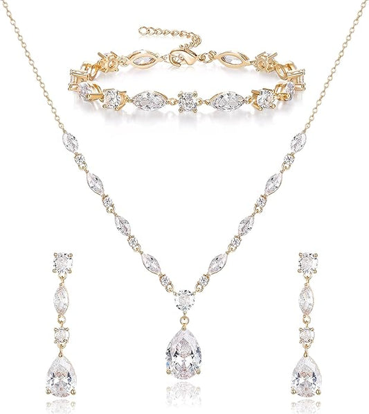 Crysdue Teardrop Bridal Jewelry Set for Wedding Party, Silver/14K/Rose Gold Plated Prom Costume Jewellery for Bride Bridesmaids Women, Cubic Zirconia Necklace Dangle Earrings Bracelet