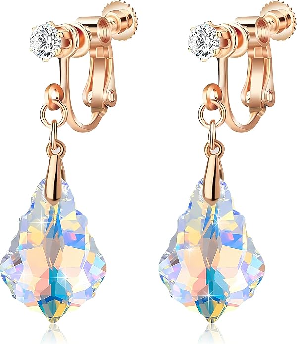 Austrian Crystal Baroque Drop Clip On Dangle Earrings for Women Non Pierced 14K Rose Gold Plated Hypoallergenic Jewelry