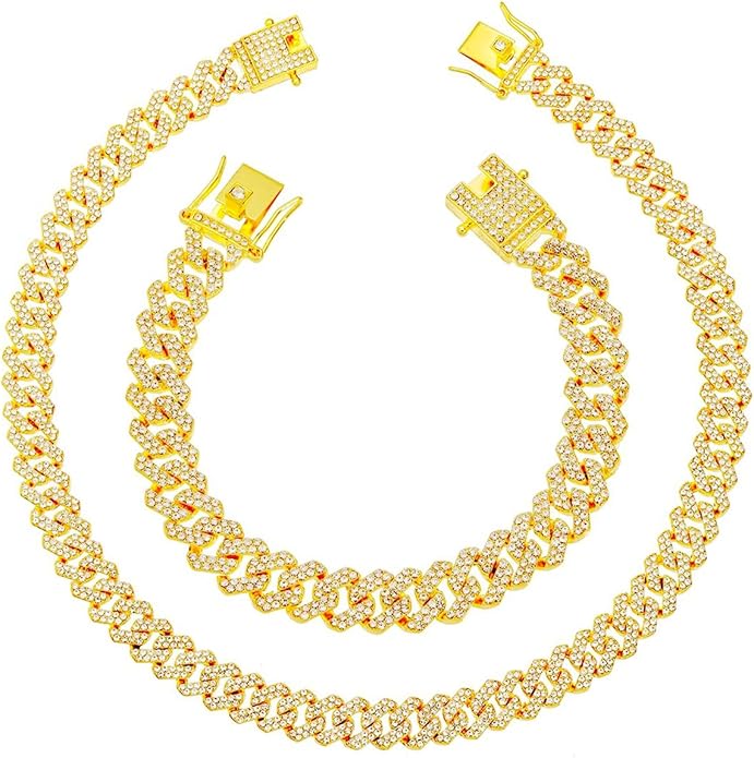 HH BLING EMPIRE 14k Gold/Silver Cuban Link Chain for Women Iced Out Diamond Chunky Cuban Link Necklace Chain Bracelet 2pcs Sets