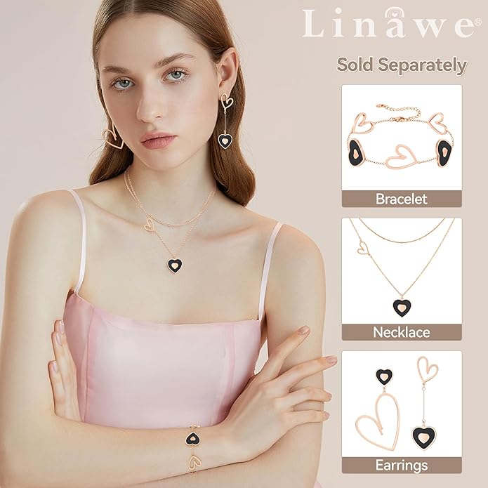 Linawe Layered Choker Heart Pendant Necklace for Women Trendy, Gold/Silver/Rose Gold Chain Stainless Steel Stacked Necklaces, Double Heart Necklace Y2K Preppy Jewelry